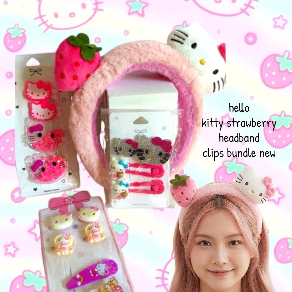 HELLO KITTY STRAWBERRY HEADBAD & CUTE COQUETTE CLIPS HAIR BUNDLE NEW